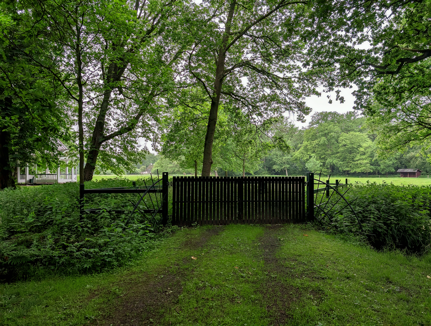A black wooden gate situated at the end of a grassy driveway leading into a lush, green outdoor area with tall trees and dense foliage. The gate is flanked by decorative black metal elements on both sides, which appear to be parts of an ornate metal framework now integrated into the fencing. Beyond the gate, there is an open field with additional trees and a small wooden shed visible in the distance. The surrounding environment is well-lit with natural daylight, highlighting the vibrant greenery. The scene suggests a rural or semi-rural property, possibly in the process of clearance or preparation for home relocation, consistent with the services of Man with Van Forest Gate who handles moving and furniture transport within such settings.
