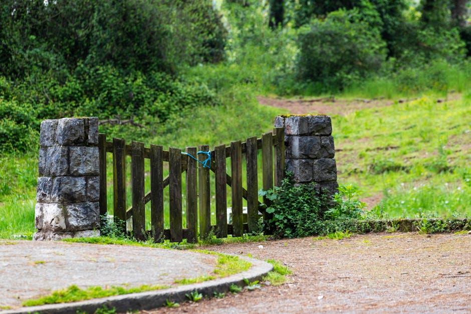 A wooden gate with vertical slats and a blue latch, positioned between two large stone pillars at the entrance of a property. The gate is partially open, revealing a dirt and grass pathway leading into a green, lush outdoor area with dense foliage and trees in the background. The ground around the gate consists of pavement and soil with small patches of grass. This scene is outdoors during daylight with natural lighting, and the setting suggests the initial phase of a home relocation or moving process, with the gate serving as a boundary to the premises. The presence of greenery and the natural environment imply a suburban or semi-rural location, relevant to house removals or furniture transport activities to or from the property.