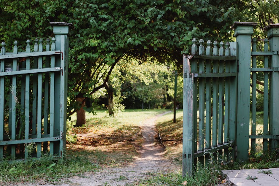 A metal roadside gate with horizontal bars and vertical posts on either side, positioned at the entrance to a narrow dirt path covered in fallen autumn leaves. The gate is closed and set between two fences made of wire mesh and wooden posts, with dense foliage and trees with yellow and green leaves on both sides framing the scene. The path beyond the gate extends into a grassy area with more trees, illuminated by natural daylight. The setting depicts an outdoor rural or suburban environment, commonly associated with house removals and home relocation processes, with the gate serving as a boundary to a property or access route, relevant to moving logistics and packing and moving activities.